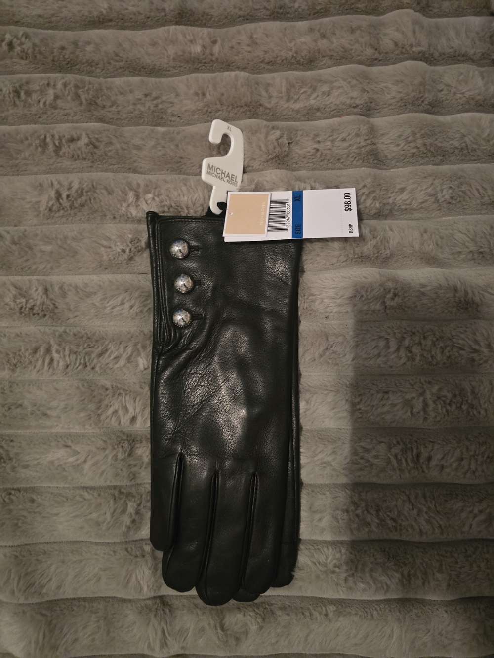 Michael Kors Black Leather Gloves with Silver Button Accents